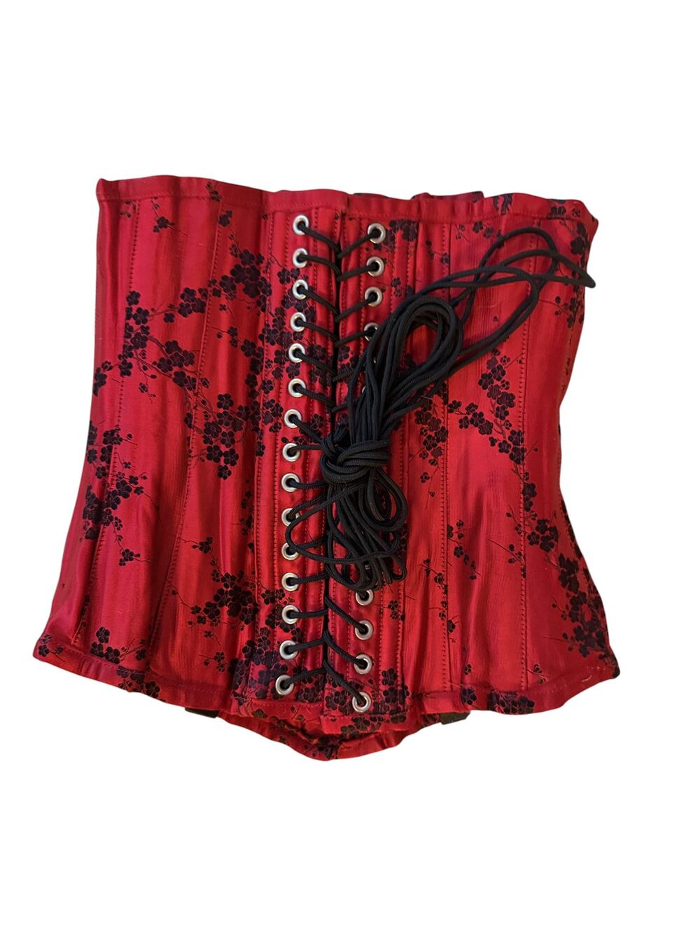 Corset Red Black Cherry Blossom Floral Satin Overbust Boned Lace Up